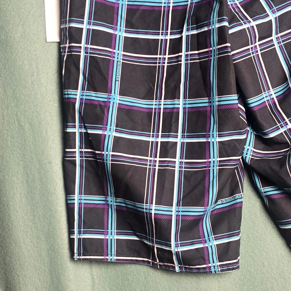 Quiksilver‎ Boys Plaid Board Shorts Black Teal Purple Swim Trunks Size 10 NEW